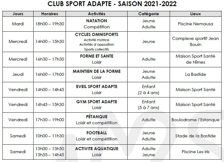 PLAQUETTE ACTIVITE tableau activités SA 2021-2022